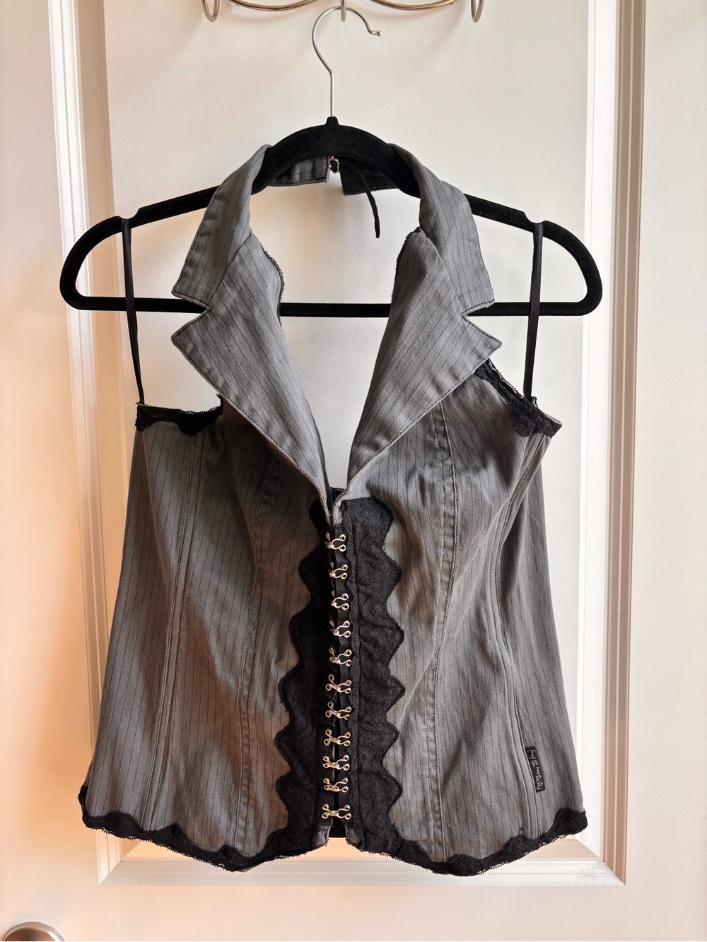 Vintage Tripp NYC Gray Pinstripe Halter Corset Top with Black Lace